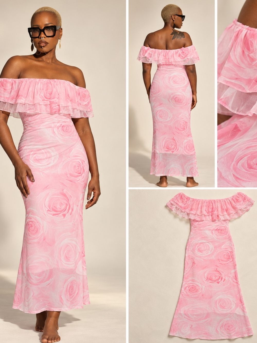 Off-Shoulder Pink Rose Print Ruffle Maxi Dress